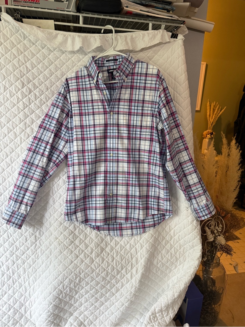 Lands' End Men's Long-Sleeve Plaid Button-Down Shirt - White, Pink & Navy